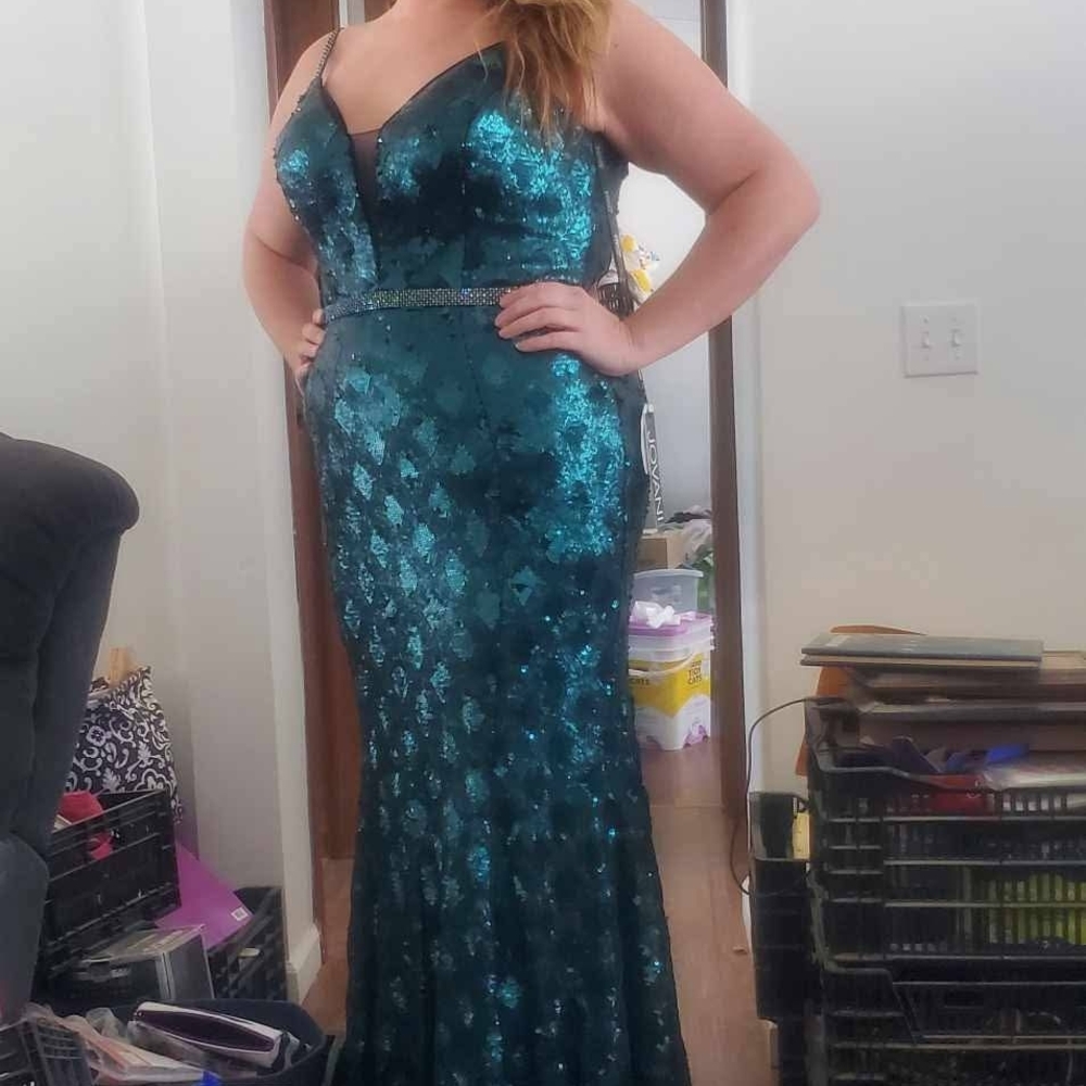 Jovani Teal Sequin Prom Dress